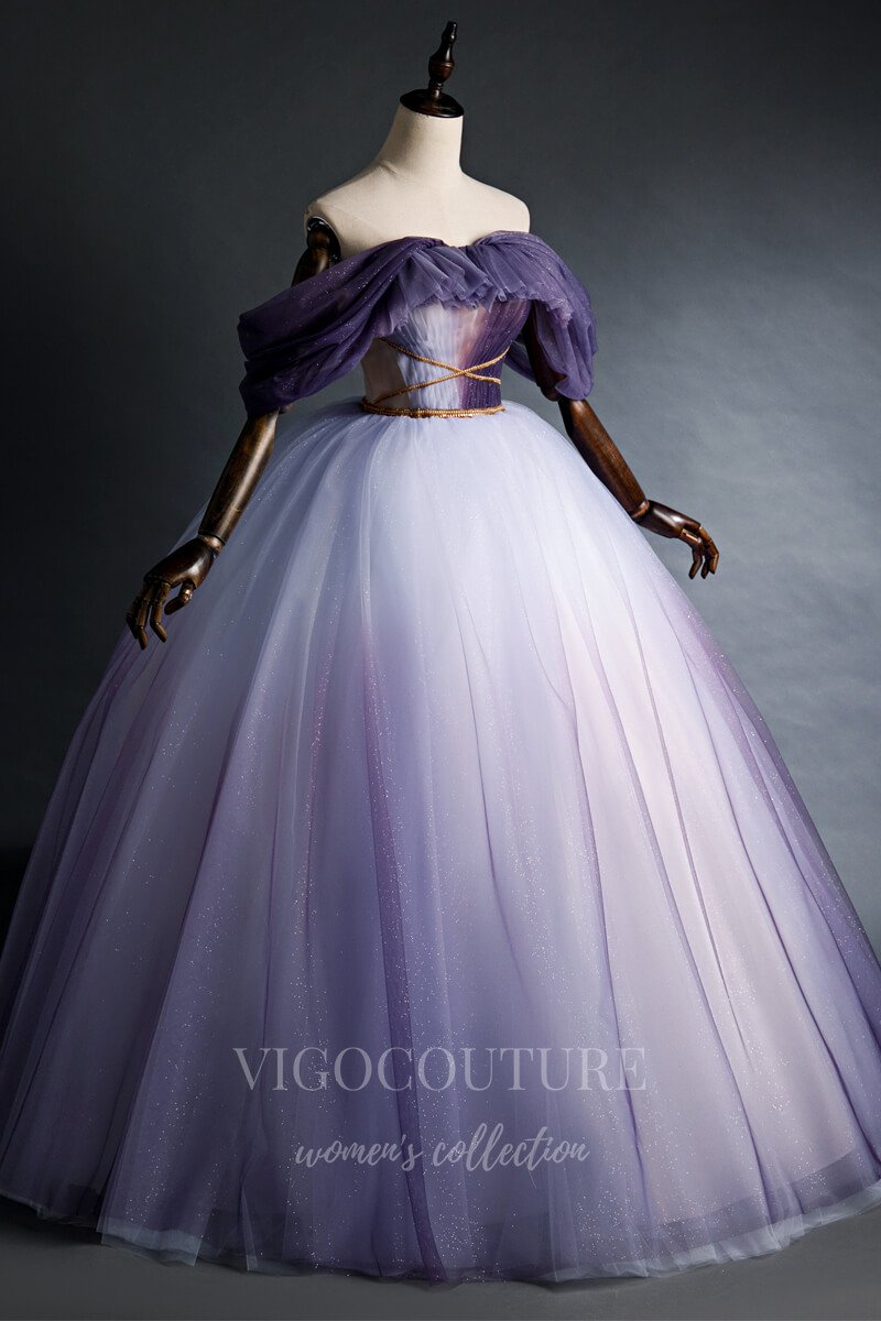 Blue/Purple Ombre Tulle Prom Dress, V Neck Lace Appliqued Pageant