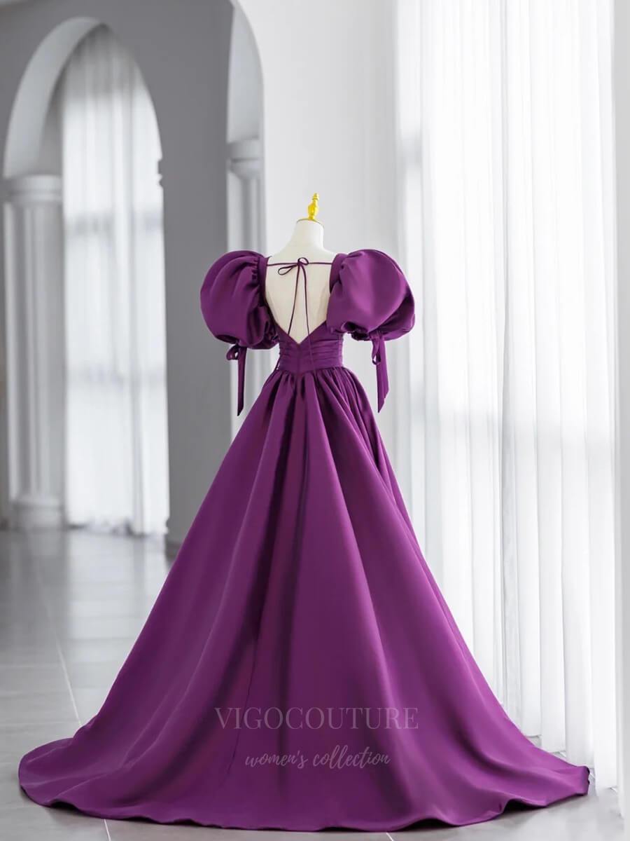 vigocouture-Purple Puffed Sleeve Plunging V-Neck Prom Dress 20682-Prom Dresses-vigocouture-