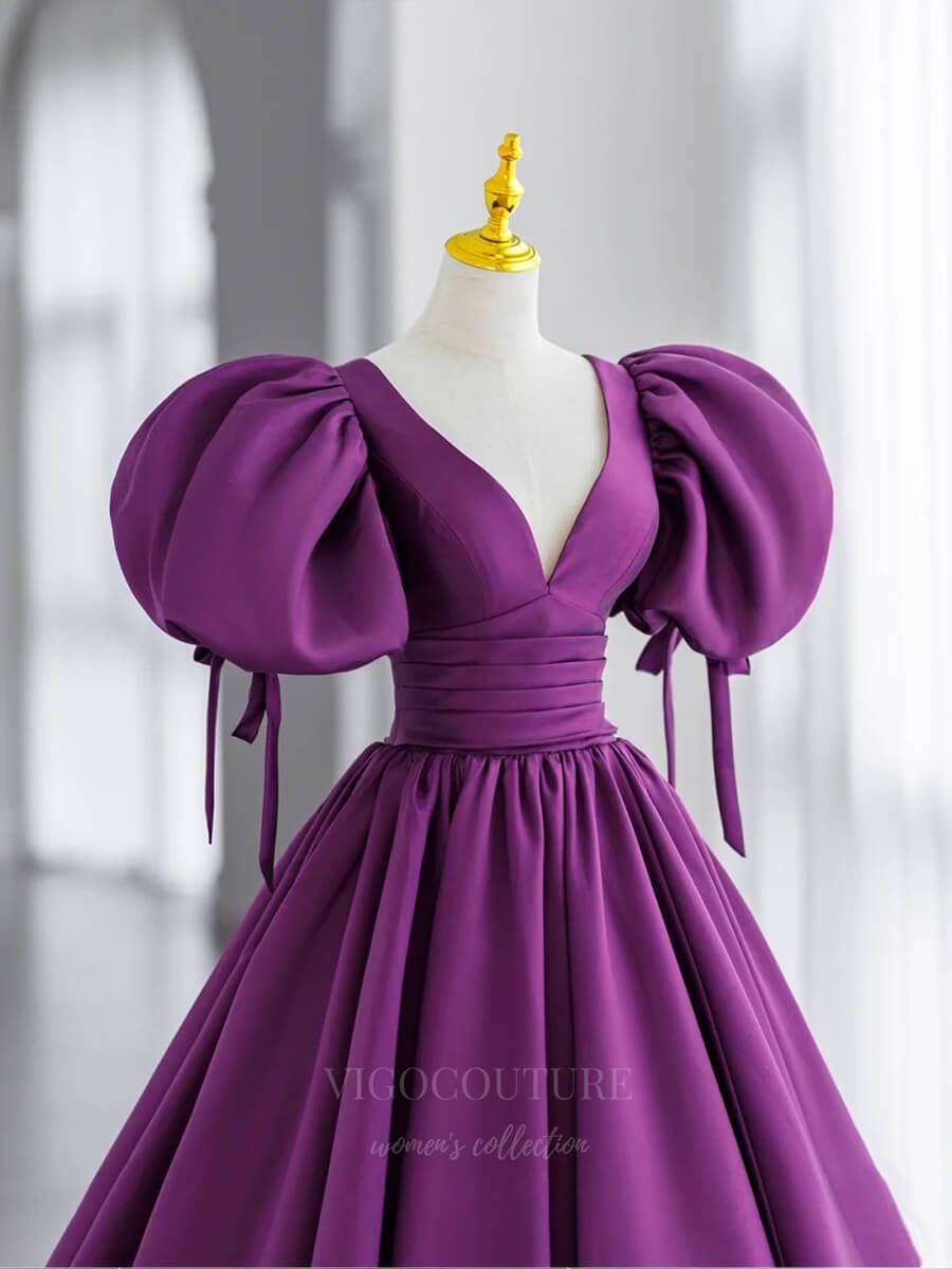 vigocouture-Purple Puffed Sleeve Plunging V-Neck Prom Dress 20682-Prom Dresses-vigocouture-