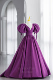 vigocouture-Purple Puffed Sleeve Plunging V-Neck Prom Dress 20682-Prom Dresses-vigocouture-Purple-US2-