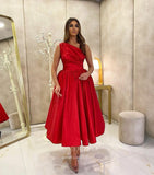 Purple Satin Tea-Length Prom Dresses One Shoulder Formal Dress 22038-Prom Dresses-vigocouture-Red-Custom Size-vigocouture