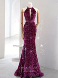 Purple Sequin Prom Dresses Mermaid Halter Neck Evening Dress 22054-Prom Dresses-vigocouture-Purple-Custom Size-vigocouture