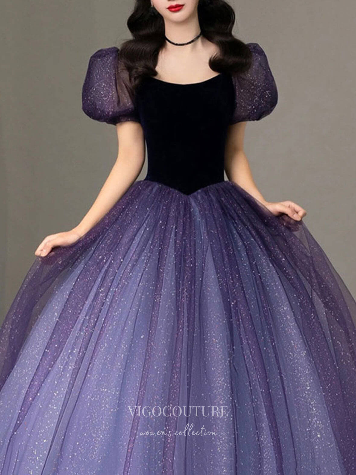 Purple Sparkly Tulle Prom Dresses Puffed Sleeve Evening Dress 21829-Prom Dresses-vigocouture-Purple-US2-vigocouture