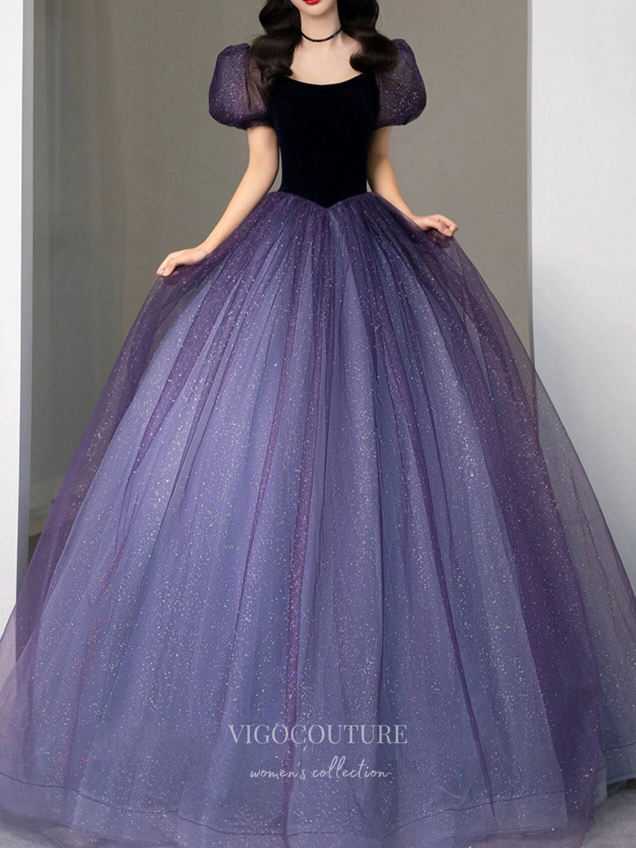 Purple Sparkly Tulle Prom Dresses Puffed Sleeve Evening Dress 21829-Prom Dresses-vigocouture-Purple-US2-vigocouture