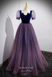 vigocouture-Purple Sparkly Tulle Puffed Sleeve Formal Dress A-Line Prom Dresses 21661-Prom Dresses-vigocouture-Purple-US2-