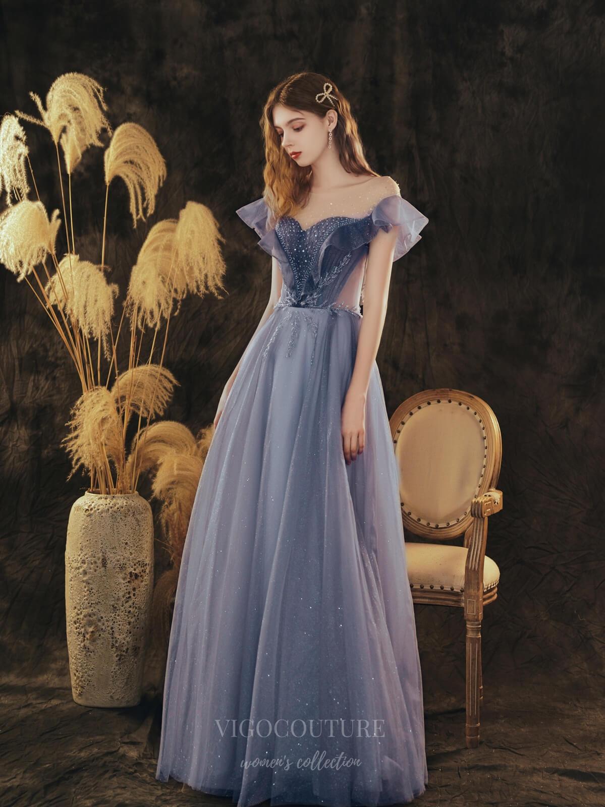 vigocouture-Purple Sparkly Tulle Tiered Prom Dress 20714-Prom Dresses-vigocouture-