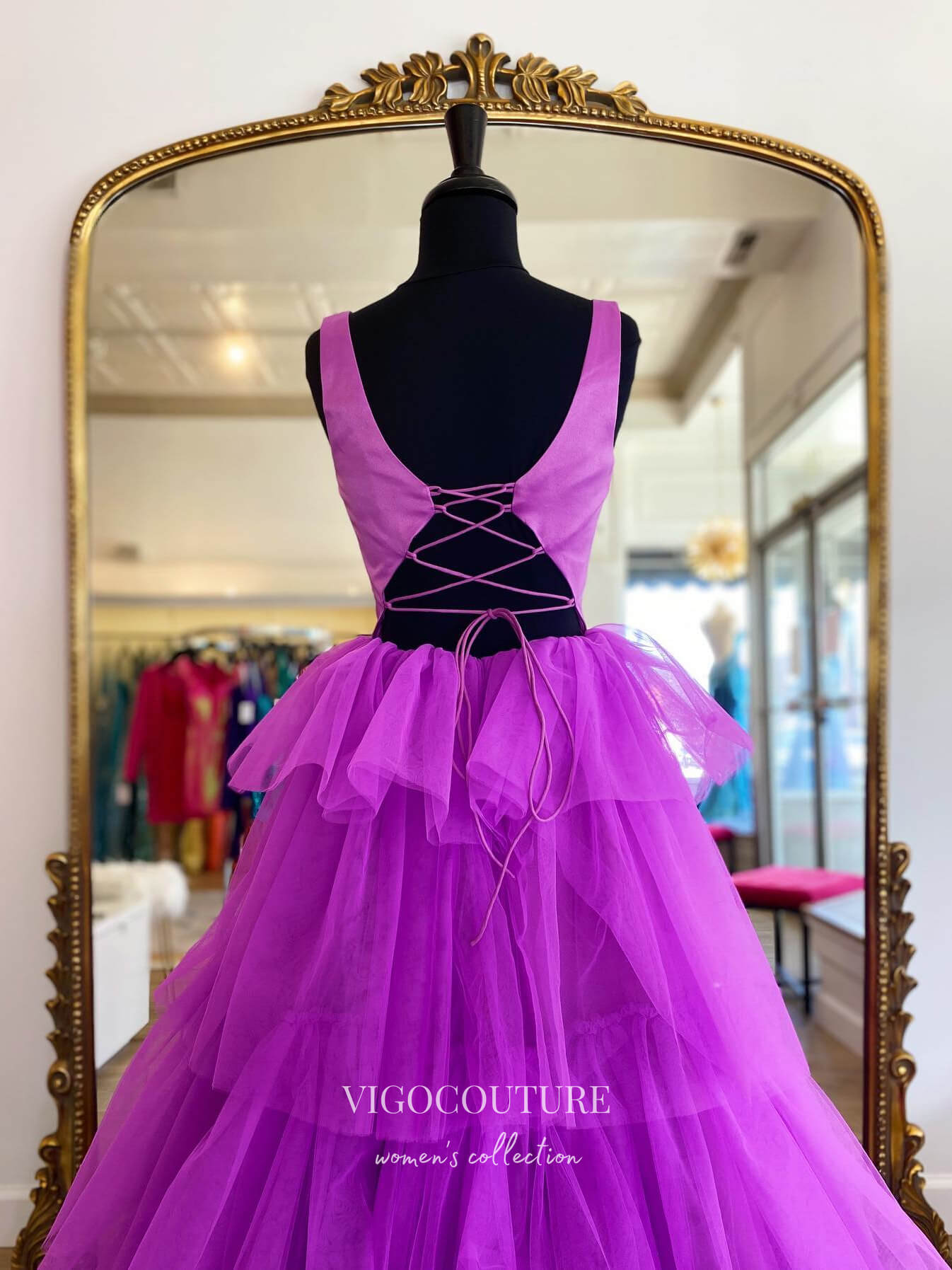 Vampal Purple Deep V-Neck Layered Tulle Prom Dress with Back Cutout