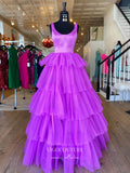 Purple Tulle Layered Ruffle Prom Dresses Scoop Neck Formal Dresses 21559
