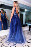 Radiant Blue Lace Applique Prom Dress with Sparkling Tulle Skirt and Thigh-High Slit 22218-Prom Dresses-vigocouture-Blue-US2-vigocouture
