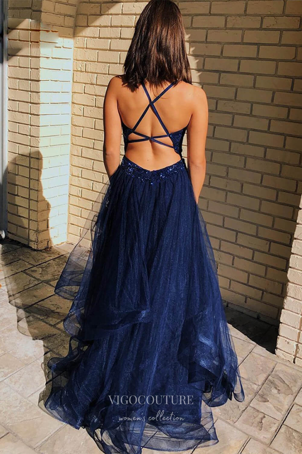 Radiant Navy Blue Sequin Bodice Ruffled Tulle Bottom Prom Dress with Plunging V-Neck and Spaghetti Strap 22216-Prom Dresses-vigocouture-Navy Blue-Custom Size-vigocouture