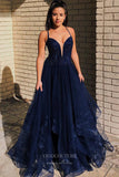 Radiant Navy Blue Sequin Bodice Ruffled Tulle Bottom Prom Dress with Plunging V-Neck and Spaghetti Strap 22216-Prom Dresses-vigocouture-Navy Blue-Custom Size-vigocouture