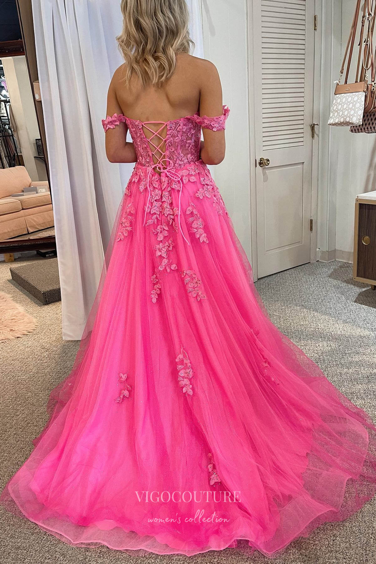 Radiant Pink Off-Shoulder Lace Applique Prom Dress with Sparkling