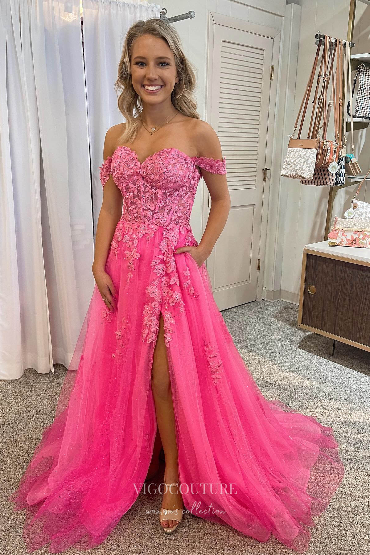 Radiant Pink Off-Shoulder Lace Applique Prom Dress with Sparkling Tulle  Skirt and Thigh-High Slit 20980 - Pink / US2