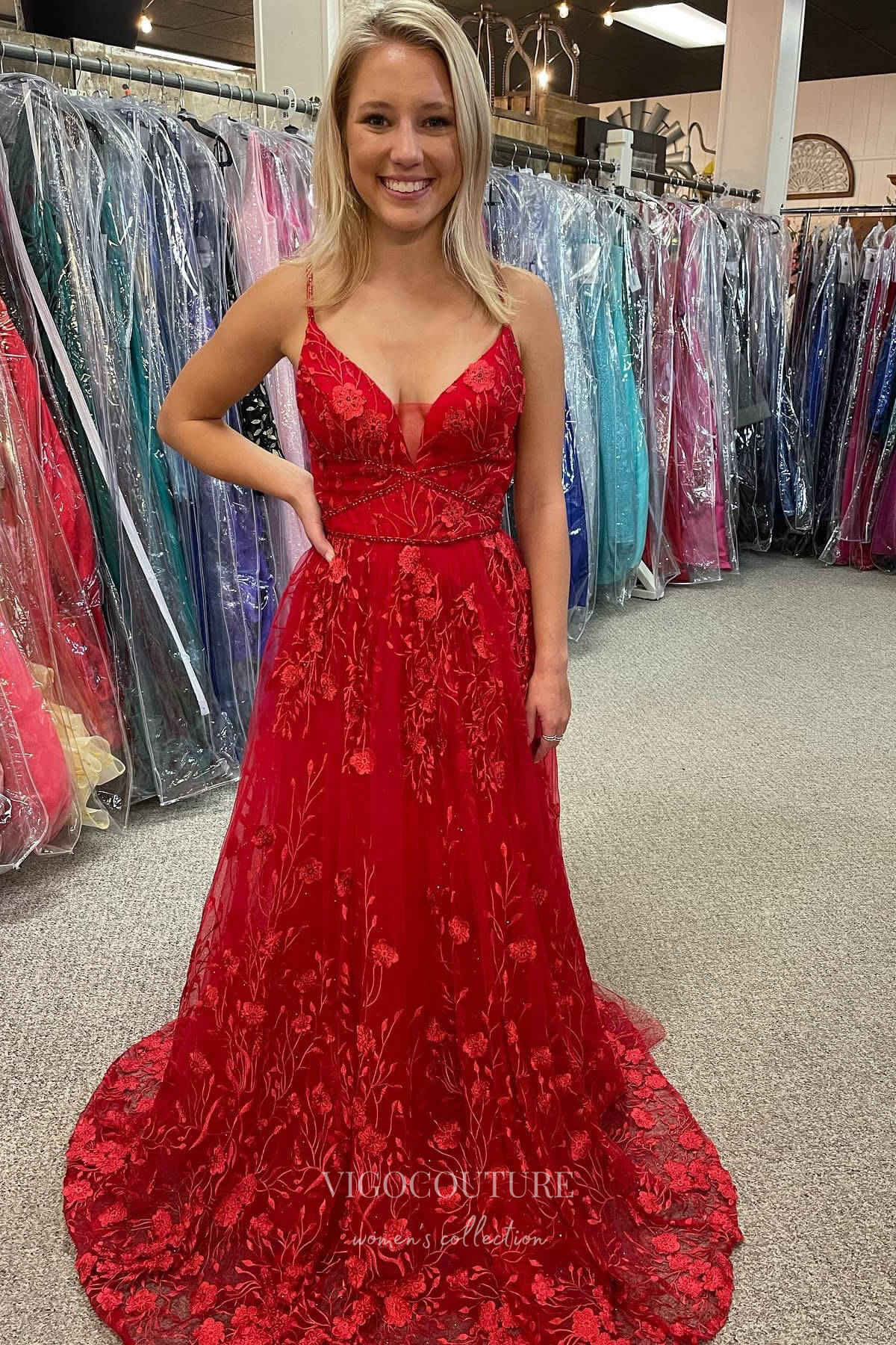 Radiant Red Lace Applique Sparkly Tulle Prom Dress with Spaghetti Straps and V-Neckline 22202-Prom Dresses-vigocouture-Red-US2-vigocouture