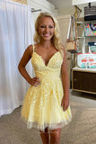 Radiant Sunshine: Yellow Lace Applique Homecoming Dress with Spaghetti Strap and V-Neck hc241