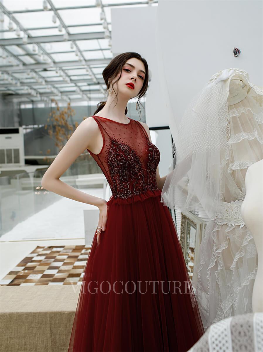 vigocouture-Red A-line Evening Dress Boatncek Beaded Prom Dresses 20175-Prom Dresses-vigocouture-