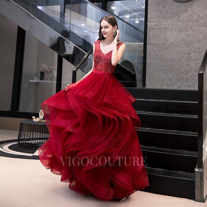 vigocouture-Red A-line Tiered Prom Dresses 20049-Prom Dresses-vigocouture-