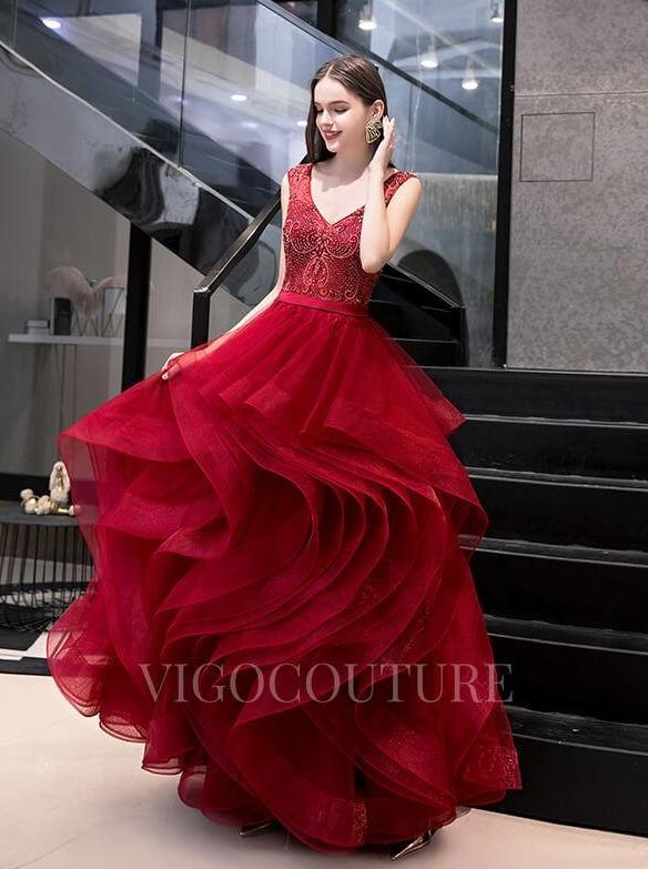 vigocouture-Red A-line Tiered Prom Dresses 20049-Prom Dresses-vigocouture-Red-US2-