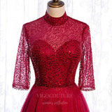 vigocouture-Red Beaded 3/4 Sleeve Prom Dress 2022 High Neck Formal Dress 20516-Prom Dresses-vigocouture-