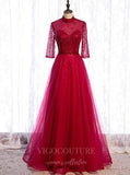 vigocouture-Red Beaded 3/4 Sleeve Prom Dress 2022 High Neck Formal Dress 20516-Prom Dresses-vigocouture-Red-US2-