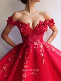 vigocouture-Red Beaded Floral Prom Dresses Off the Shoulder Formal Dresses 21405-Prom Dresses-vigocouture-