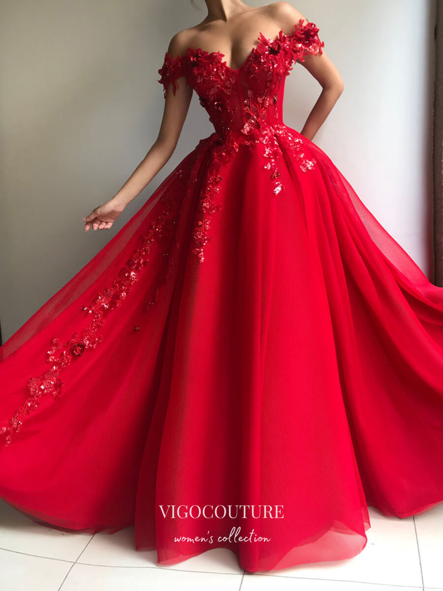 vigocouture-Red Beaded Floral Prom Dresses Off the Shoulder Formal Dresses 21405-Prom Dresses-vigocouture-Red-US2-