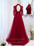 vigocouture-Red Beaded Lace Prom Dress 2022 High Neck Formal Dress 20504-Prom Dresses-vigocouture-
