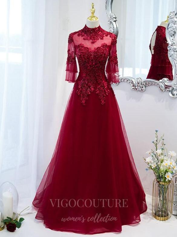 vigocouture-Red Beaded Lace Prom Dress 2022 High Neck Formal Dress 20504-Prom Dresses-vigocouture-Red-US2-