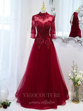 vigocouture-Red Beaded Lace Prom Dress 2022 High Neck Formal Dress 20504-Prom Dresses-vigocouture-Red-US2-