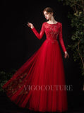 vigocouture-Red Beaded Long Sleeve Prom Dresses 20121-Prom Dresses-vigocouture-Red-US2-