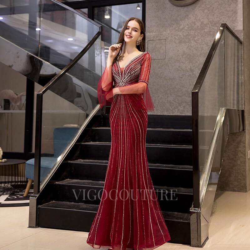 vigocouture-Red Beaded Mermaid Prom Dress 20111-Prom Dresses-vigocouture-