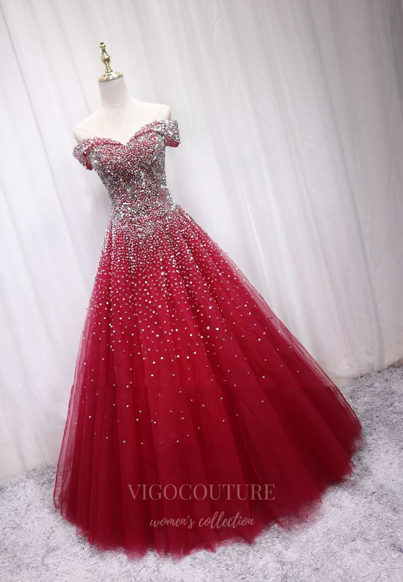 vigocouture-Red Beaded Prom Dress 2022 Off the Shoulder Evening Gown 20398-Prom Dresses-vigocouture-