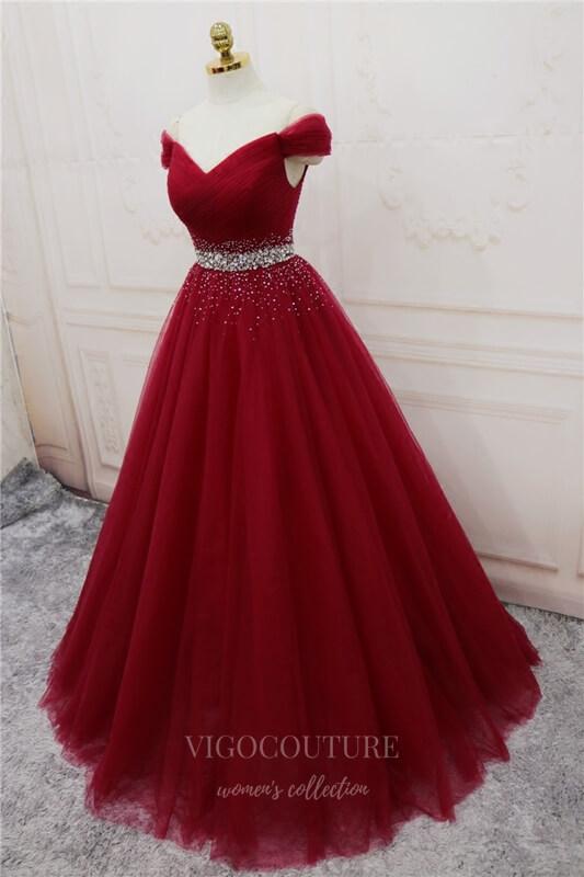 vigocouture-Red Beaded Prom Dress 2022 Off the Shoulder Evening Gown 20400-Prom Dresses-vigocouture-