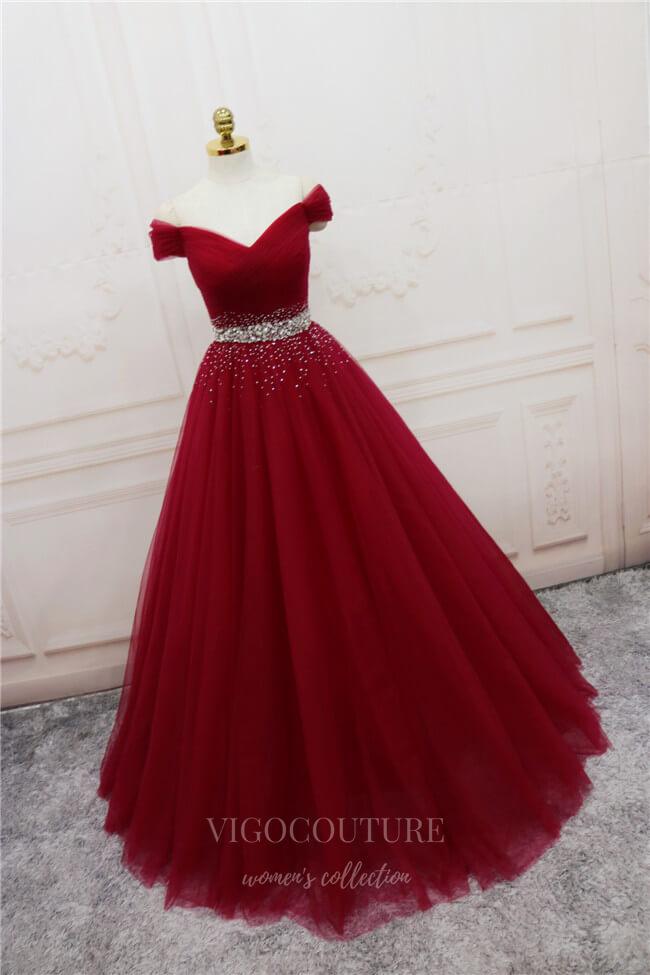 vigocouture-Red Beaded Prom Dress 2022 Off the Shoulder Evening Gown 20400-Prom Dresses-vigocouture-