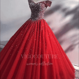 vigocouture-Red Beaded Quinceañera Dresses Off the Shoulder Ball Gown 20421-Prom Dresses-vigocouture-