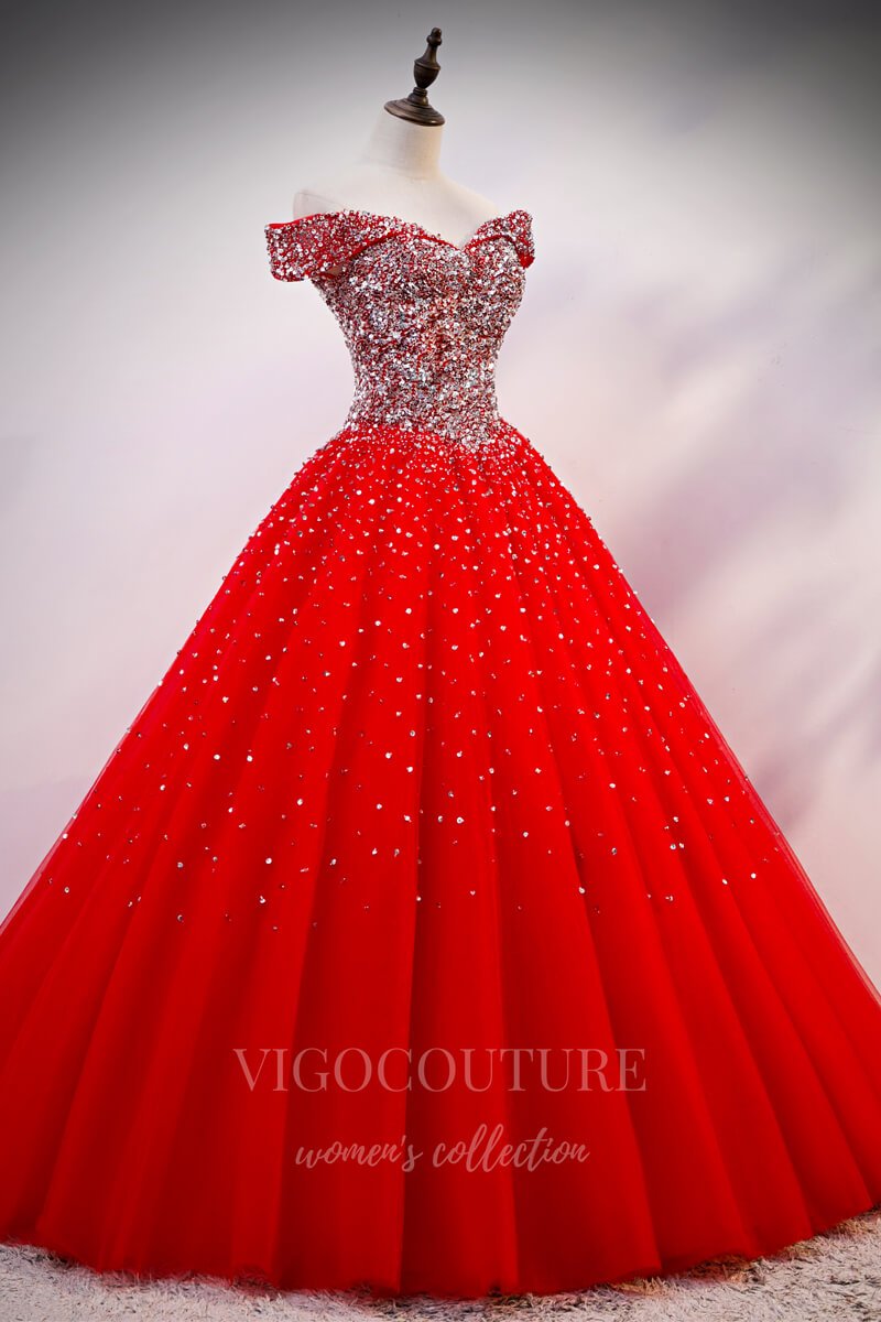 vigocouture-Red Beaded Quinceañera Dresses Off the Shoulder Ball Gown 20421-Prom Dresses-vigocouture-Red-Custom Size-