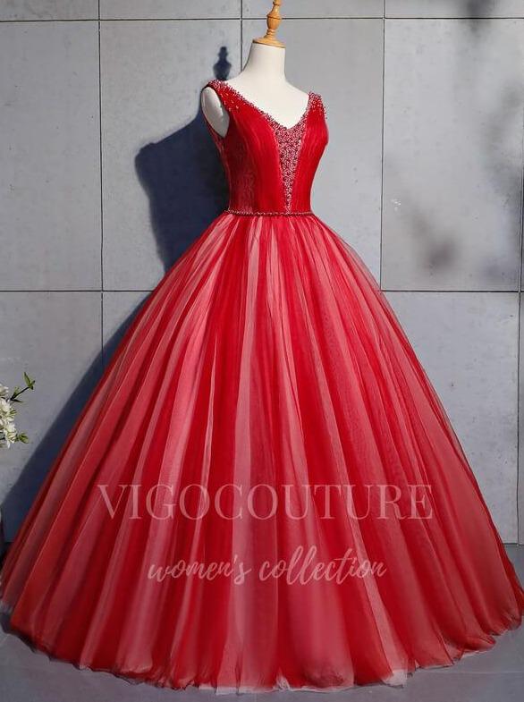 vigocouture-Red Beaded Quinceañera Dresses V-Neck Ball Gown 20455-Prom Dresses-vigocouture-