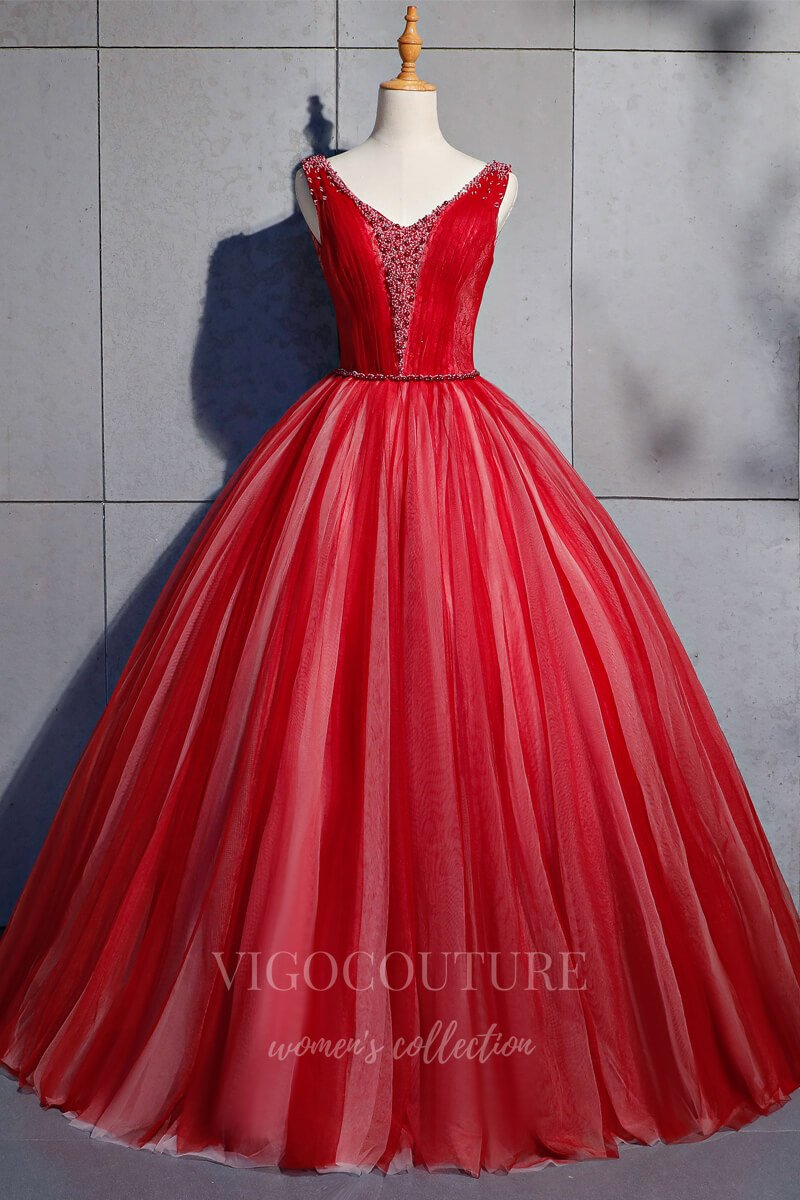 vigocouture-Red Beaded Quinceañera Dresses V-Neck Ball Gown 20455-Prom Dresses-vigocouture-Red-Custom Size-