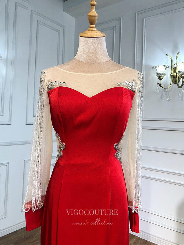 vigocouture-Red Beaded Satin Prom Dresses Long Sleeve Evening Dresses 21242-Prom Dresses-vigocouture-