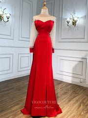 Red Beaded Satin Prom Dresses Long Sleeve Evening Dresses 21242