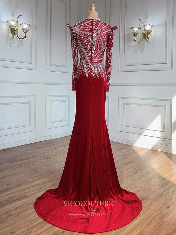 vigocouture-Red Beaded Satin Prom Dresses Long Sleeve Formal Dresses 21223-Prom Dresses-vigocouture-