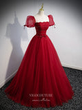 vigocouture-Red Beaded Tulle Prom Dress Removable Sleeve Formal Dresses 21337-Prom Dresses-vigocouture-