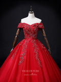 vigocouture-Red Beaded Tulle Prom Dresses Off the Shoulder Formal Gown 21352-Prom Dresses-vigocouture-