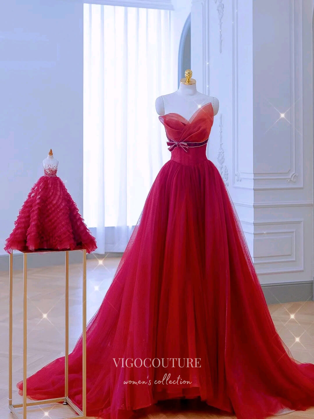 Feminine Red Satin Tulle Overlay Bow Prom Dress - Xdressy