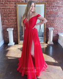 vigocouture-Red Chiffon Off the Shoulder Prom Dress 20823-Prom Dresses-vigocouture-Red-US2-