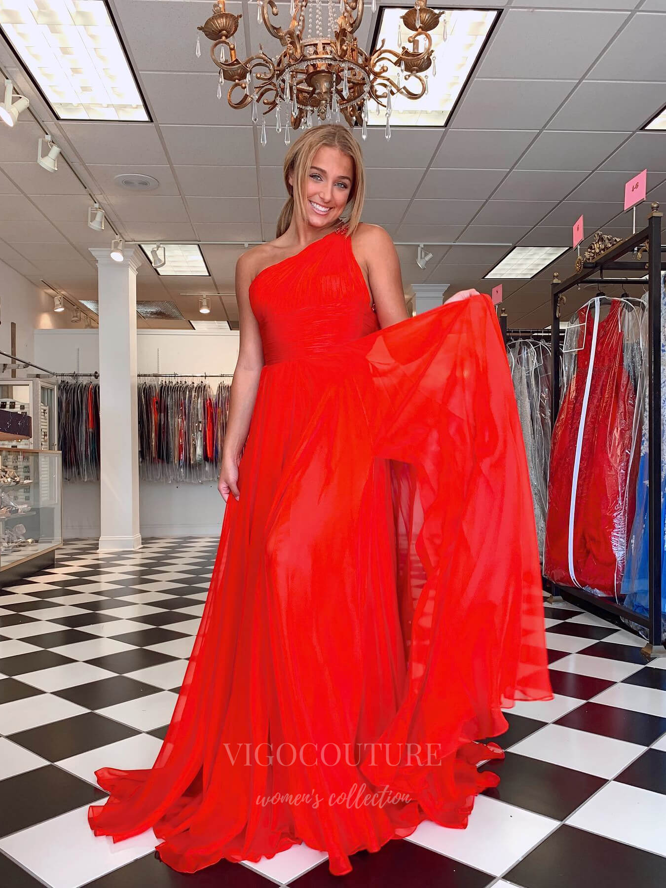 vigocouture-Red Chiffon One Shoulder Prom Dress 20968-Prom Dresses-vigocouture-