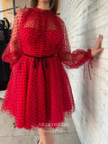 vigocouture-Red Dotted Tulle Hoco Dresses Long Sleeve Graduation Dresses hc164-Prom Dresses-vigocouture-