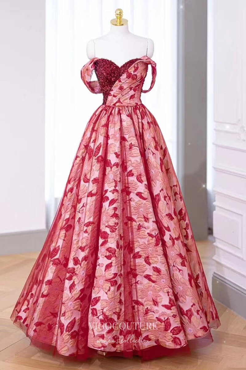 Red Floral Satin Prom Dresses Sweetheart Neck Formal Gown 22055-Prom Dresses-vigocouture-Red-US2-vigocouture
