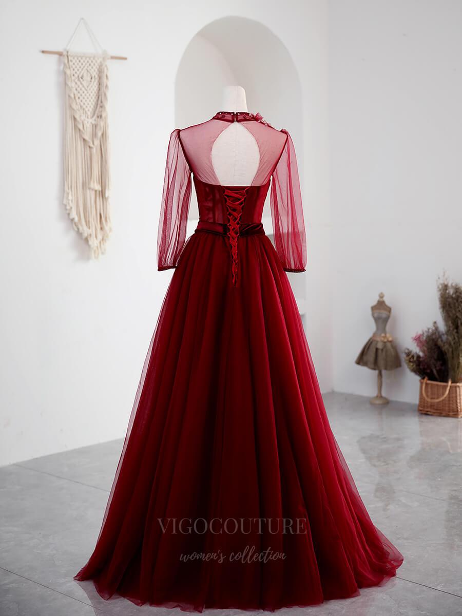vigocouture-Red High Neck Long Sleeve Prom Dress 20653-Prom Dresses-vigocouture-