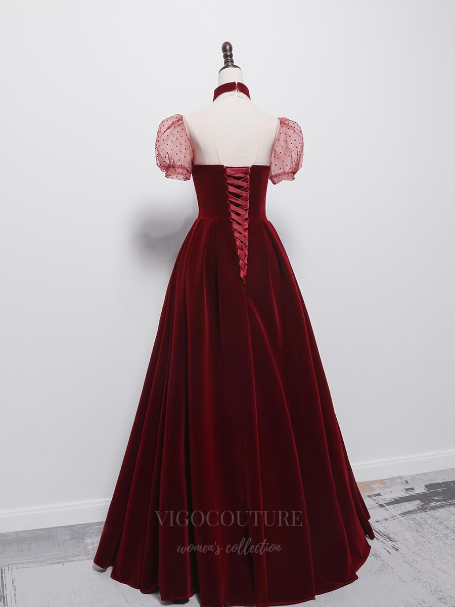 vigocouture-Red High Neck Puffed Sleeve Prom Dress 20657-Prom Dresses-vigocouture-